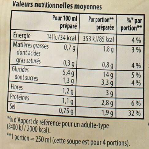 KNORR Soupe Déshydratée Passée aux 9 Légumes 105g - Ernæringsfakta - fr
