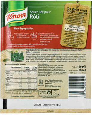Knorr Sauce Déshydratée Liée pour Rôti 20g - Ingredienser - fr
