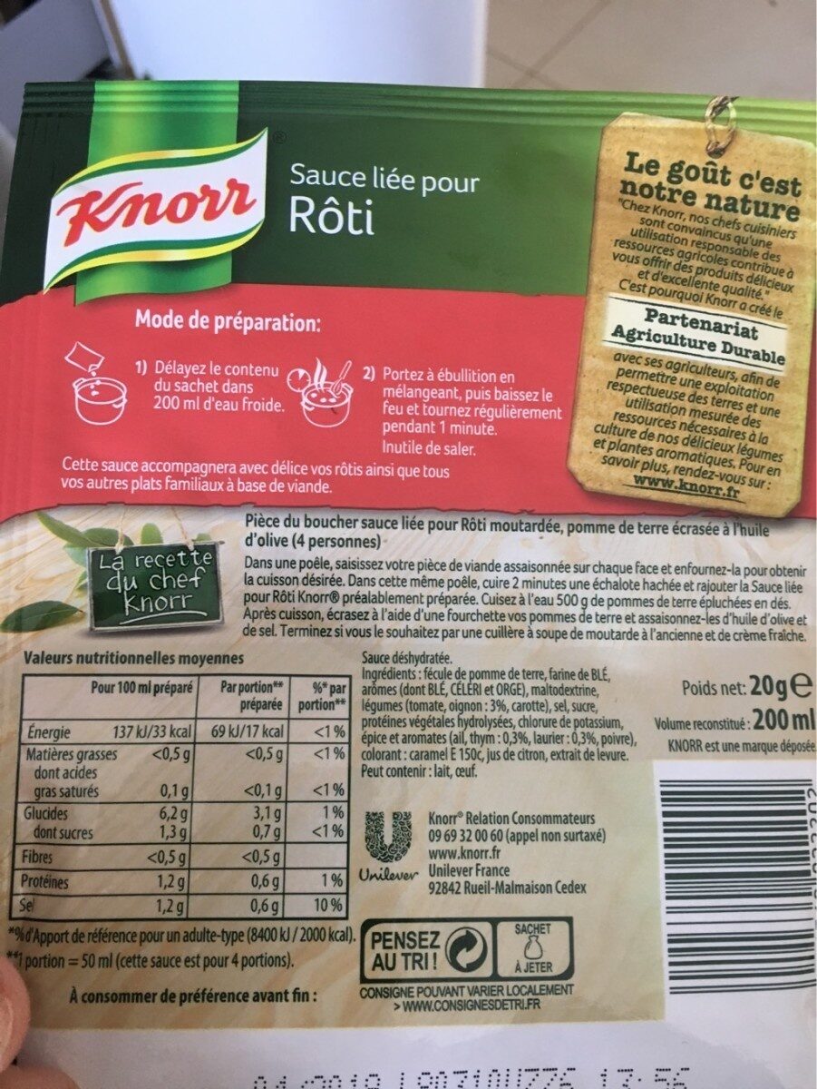 Knorr Sauce Déshydratée Liée pour Rôti 20g - Näringsfakta - fr