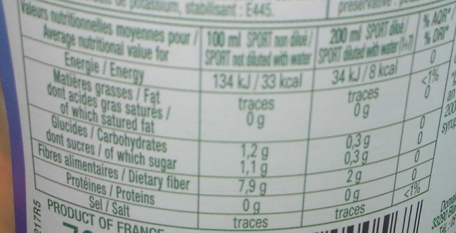 Sirop de citron 0% de sucre - حقائق غذائية - fr