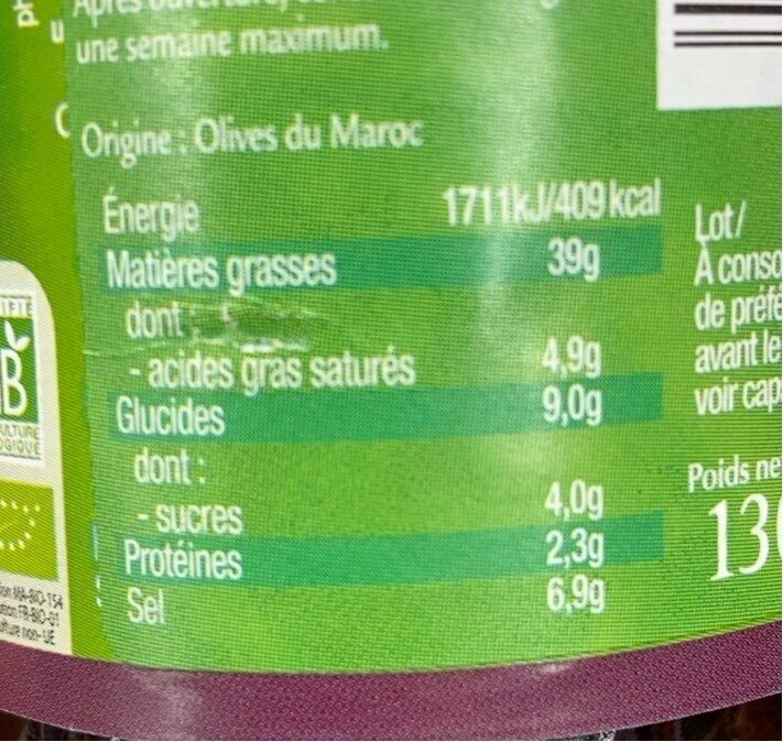Olives noires à la grecque bio - Nutrition facts - fr