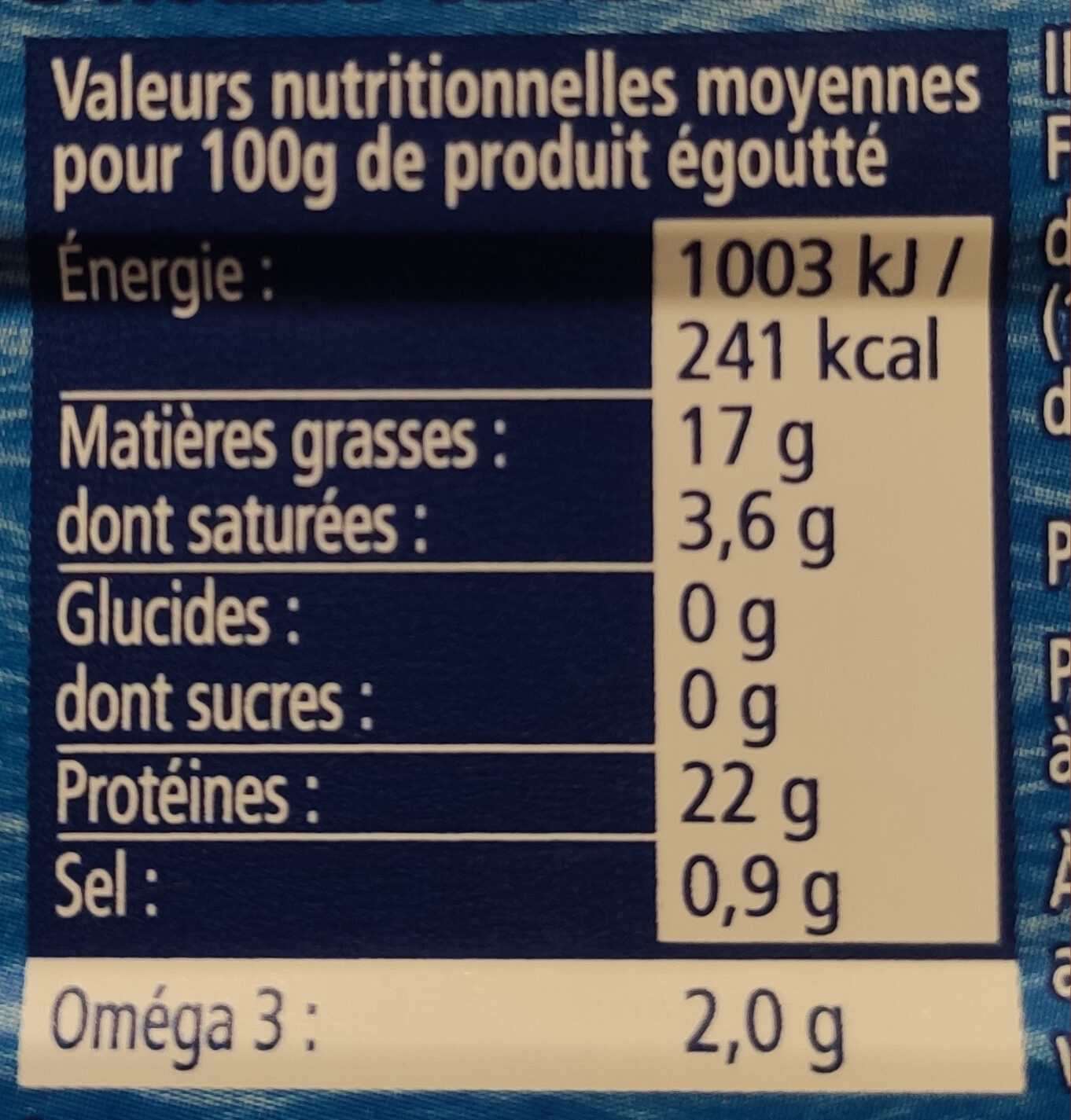 Filets de maquereaux huile d'olive - Tableau nutritionnel