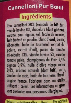 Cannelloni Pur Bœuf (Sauce Napolitaine) - Ingredients - fr