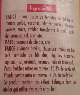 Ravioli Pur Bœuf (Sauce Tomate Cuisinée) Format familial - Ingredients - fr