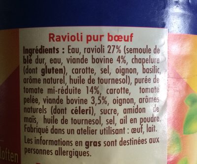 Ravioli pur bœuf, sauce tomate cuisinée - Ingrediënten - fr