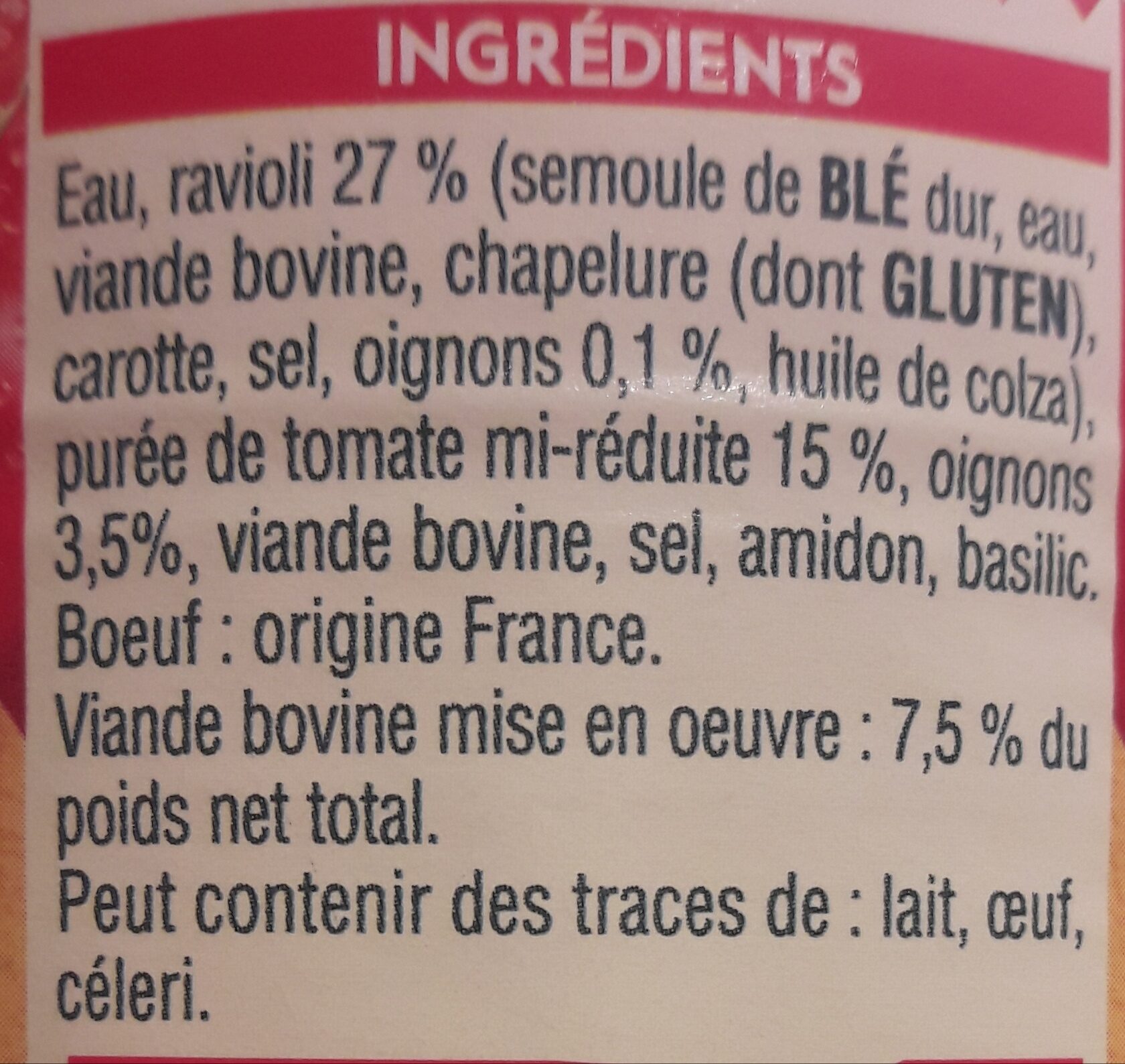 Ravioli pur bœuf - Ingrédients
