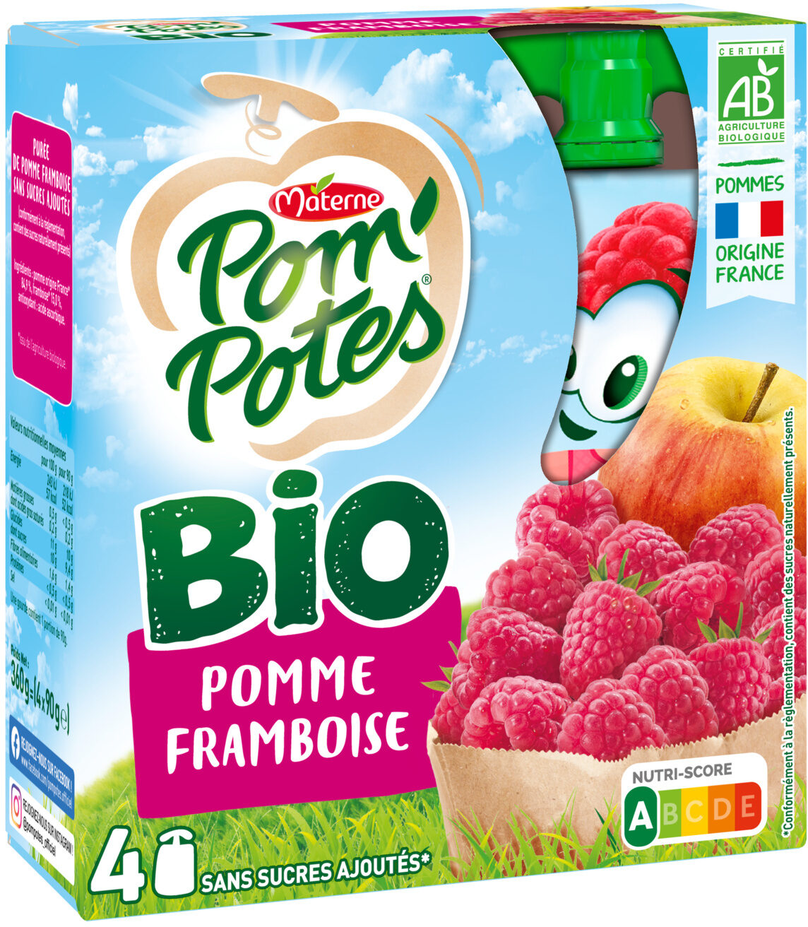 POM'POTES Compotes Gourdes BIO Pomme Framboise 4x90g - Produkt - fr