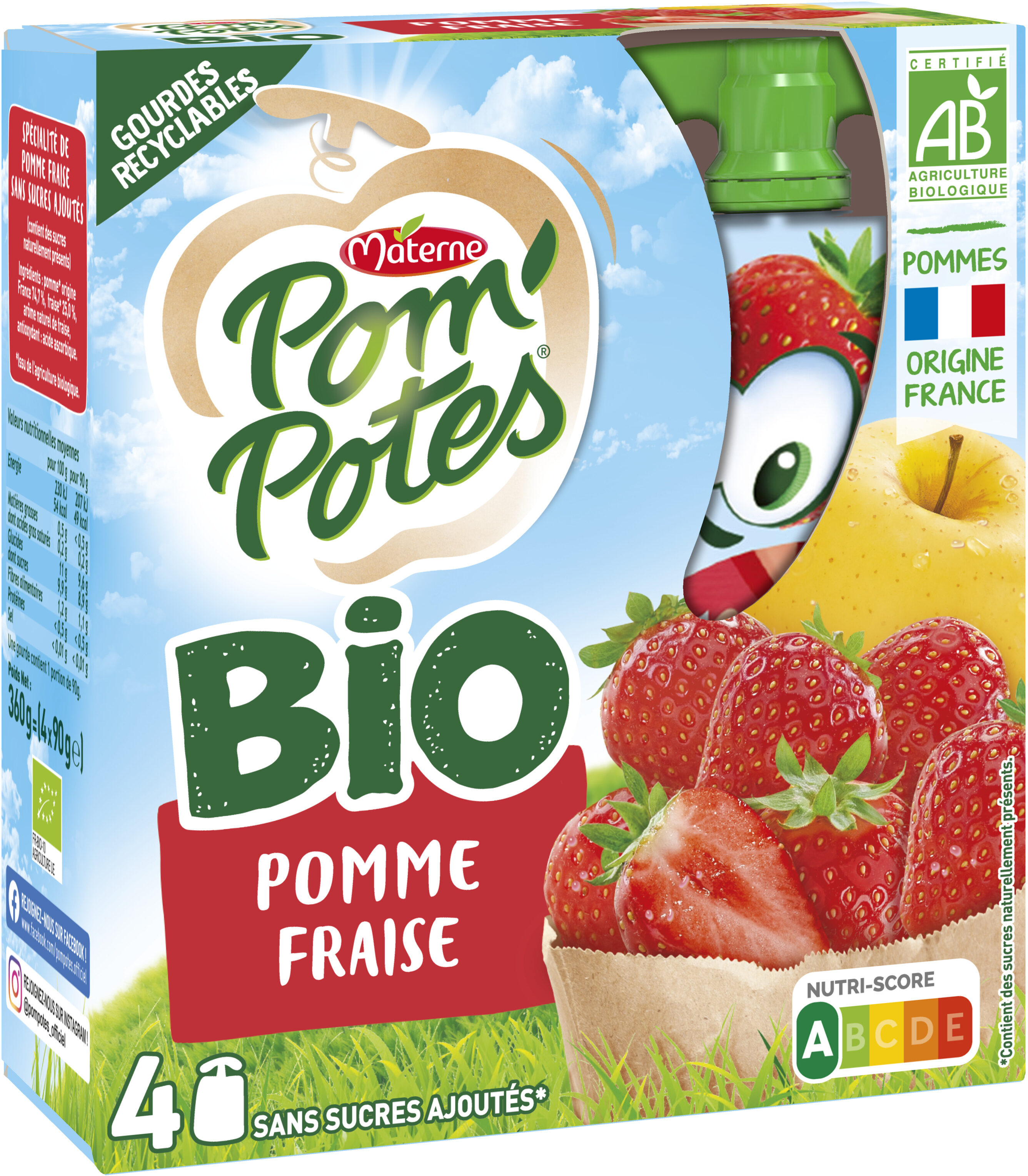 POM'POTES Compotes Gourdes BIO Pomme Fraise 4x90g - Produkt - fr
