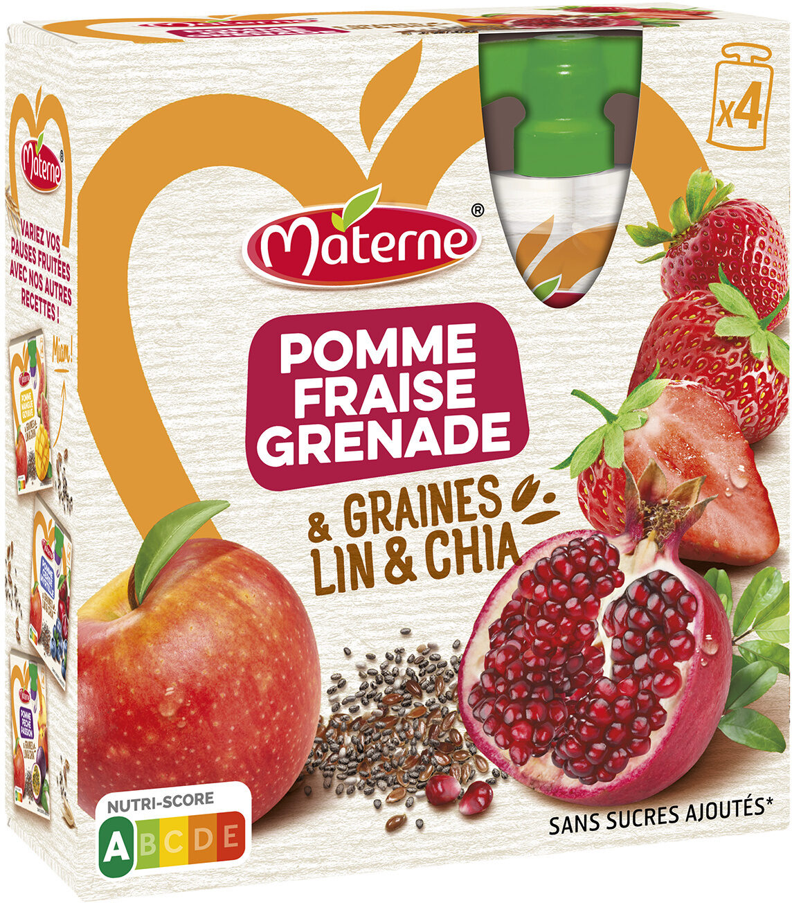 MATERNE Compotes Graines Lin&Chia Pomme Fraise Grenade 4x90g - Produit