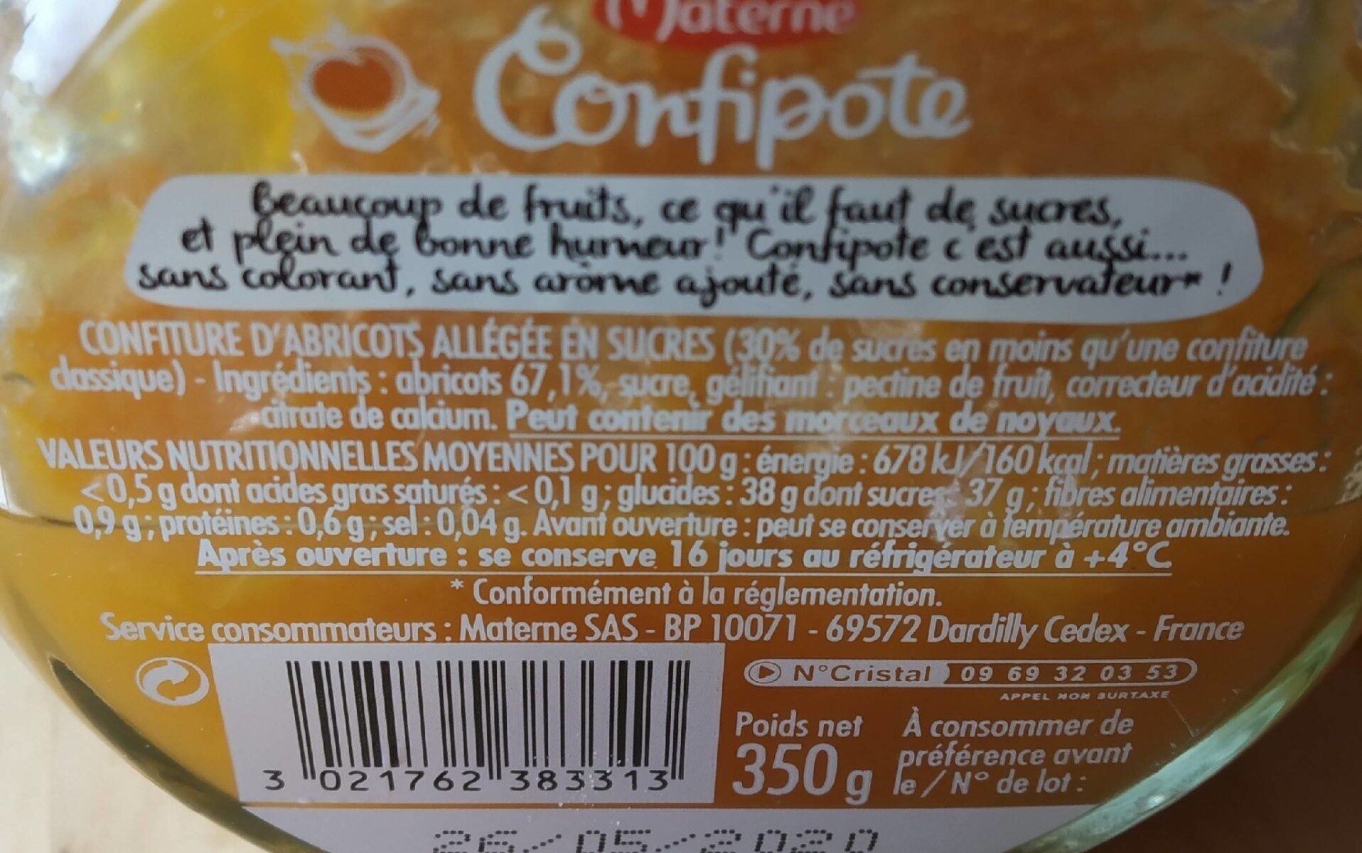 CONFIPOTE Confiture allégée en sucres Pot Abricot 350g - Tableau nutritionnel