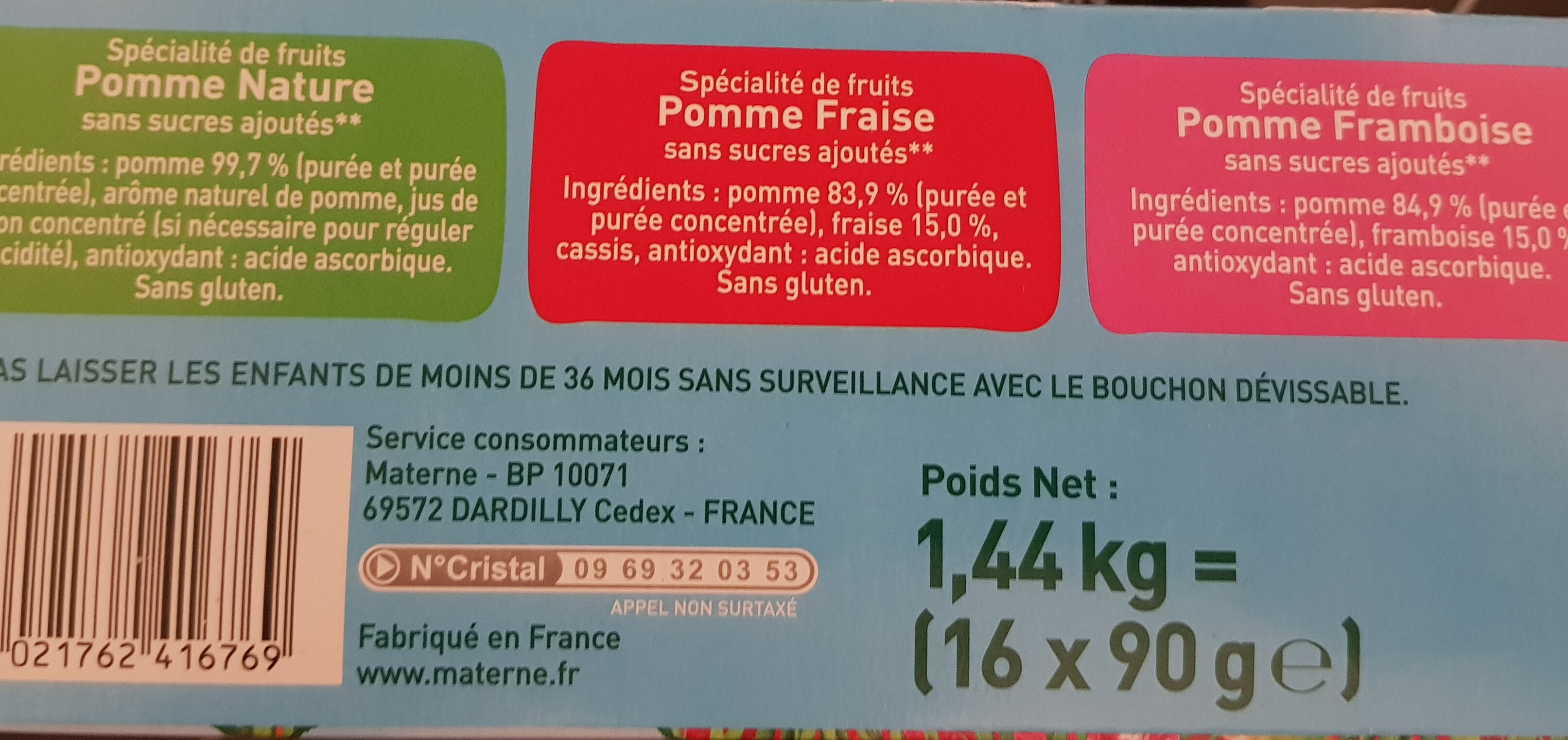 POM'POTES Compotes Pomme, P. Frs, P. Framb 16x90g Format Familial - Ingredienser - fr