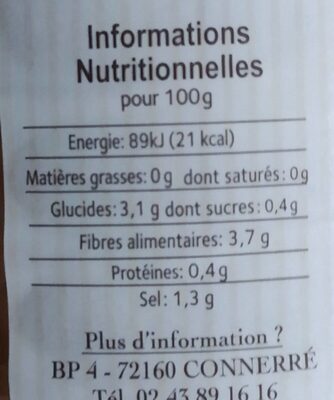 Radis noir lacto-fermenté BIO Nutriform - Tableau nutritionnel
