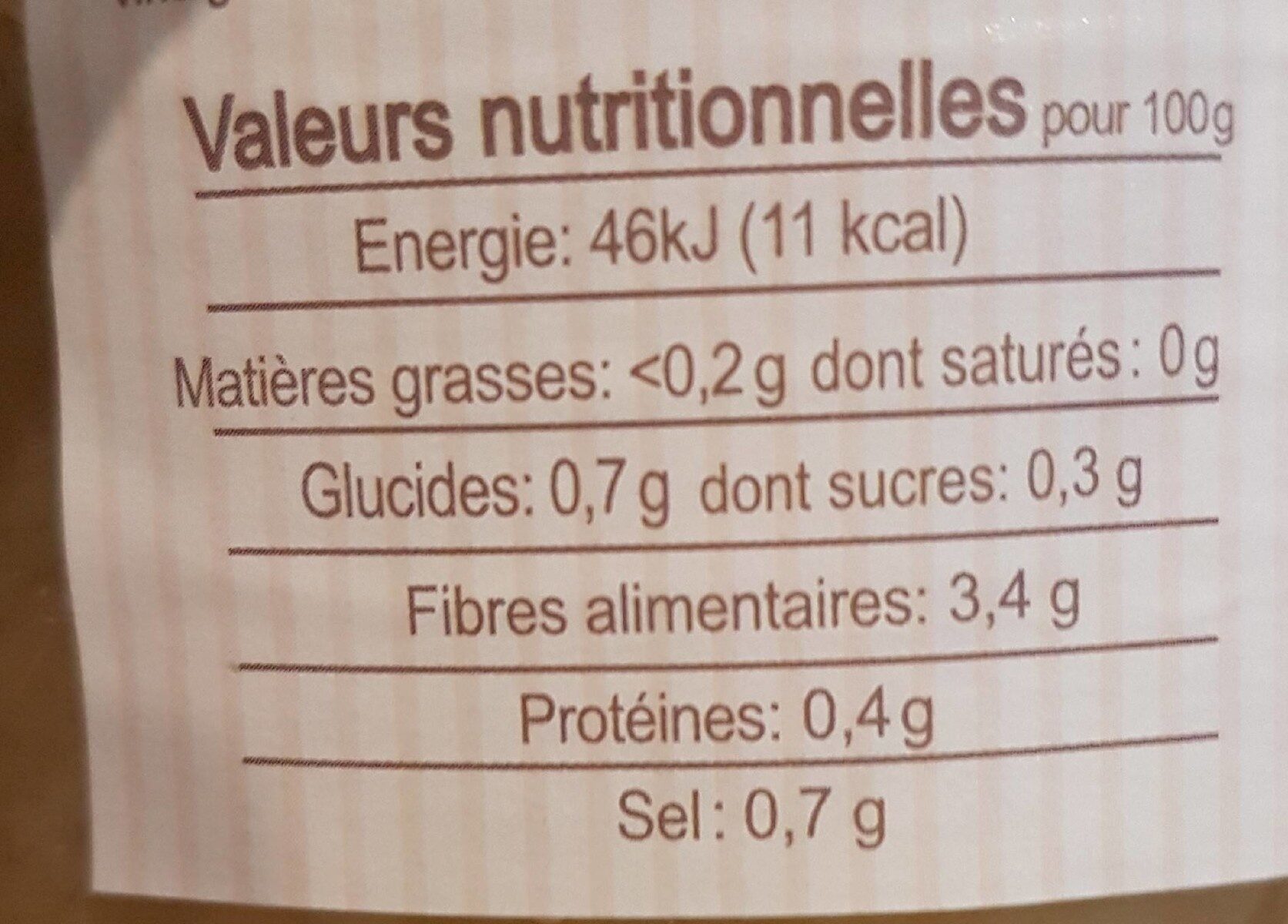 Choucroute au naturel BIO - Tableau nutritionnel