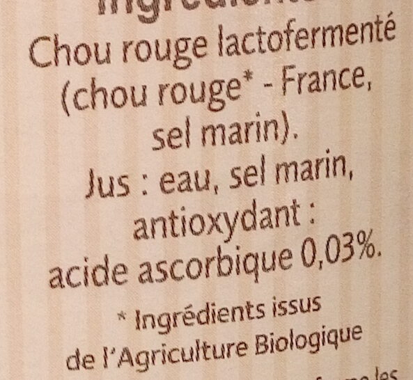 Chou rouge lacto-fermenté BIO Nutriform - Ingrediënten - fr