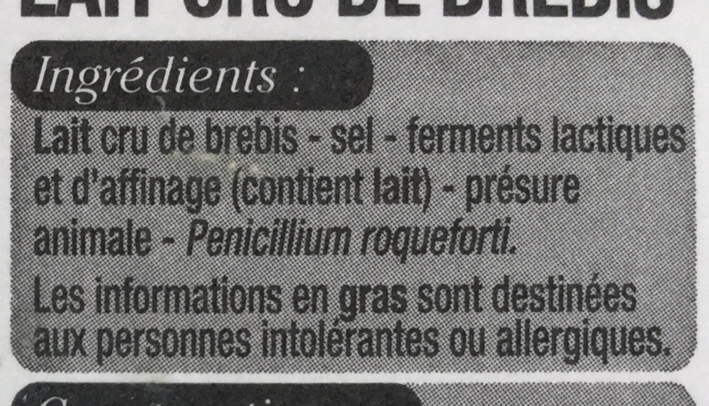 Roquefort au lait cru de brebis (31 % MG) - Ingredients - fr