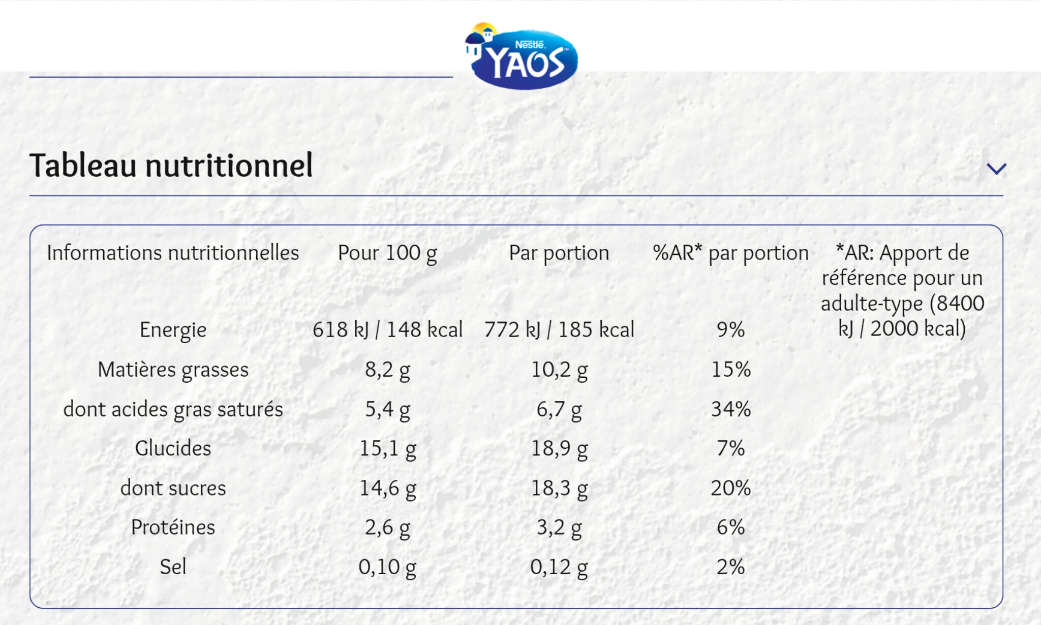 Yaos Le Yaourt à la Grecque Stracciatella 125 g - Tableau nutritionnel