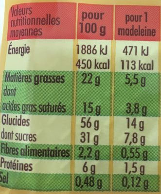 8 Madeleines - Recette de Commercy - Tableau nutritionnel