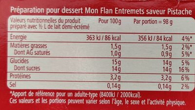 Mon flan Entremets parfum pistache - Información nutricional - fr