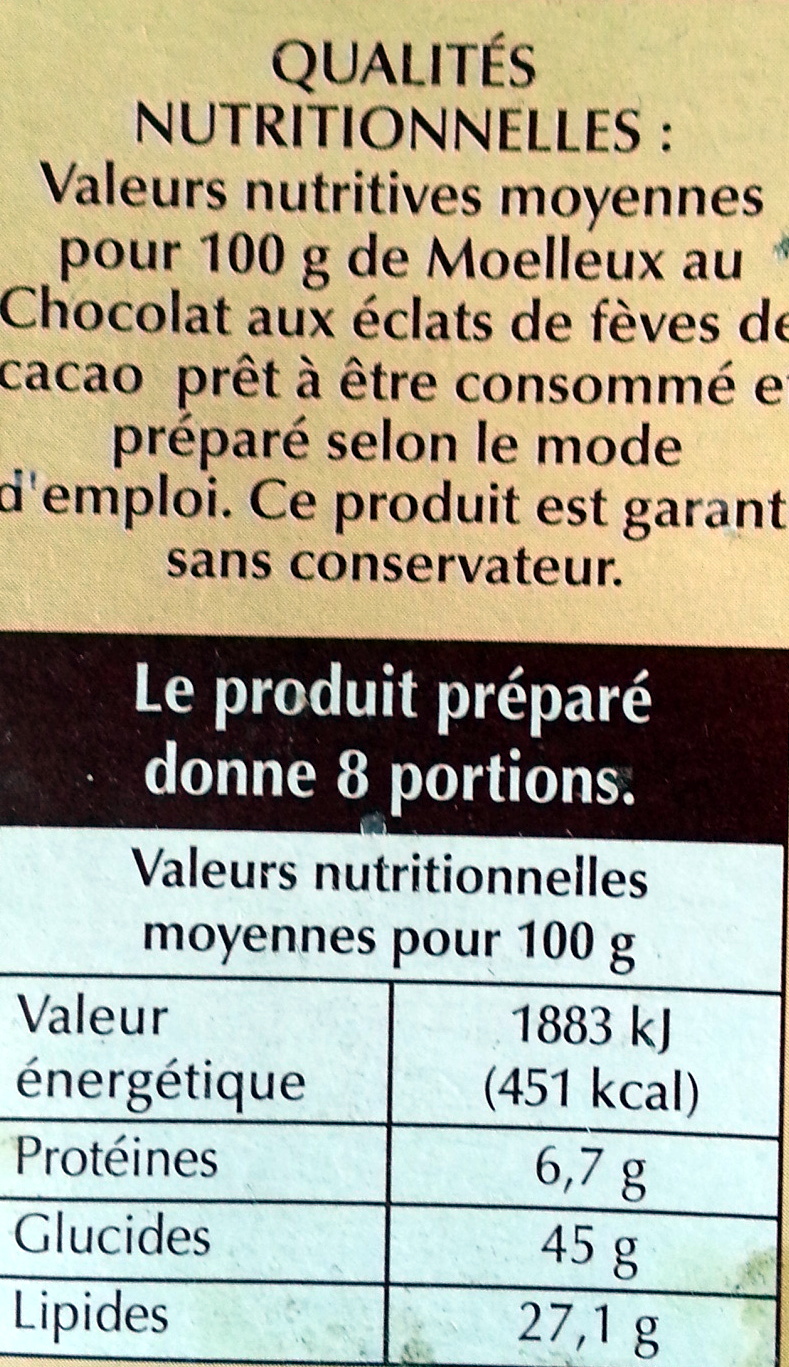 Le Moelleux Chocolat aux Éclats de Fèves de Cacao - Voedingswaarden - fr