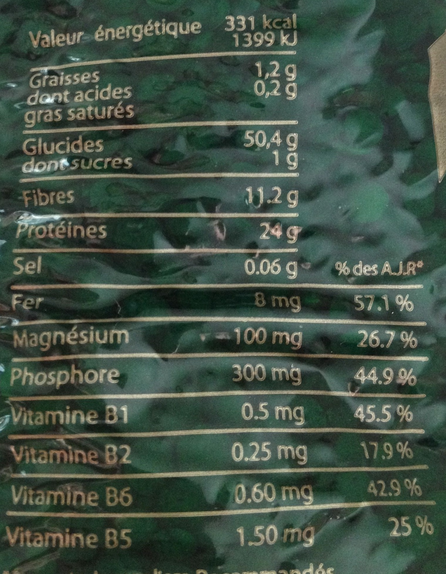 Lentilles Vertes - Informació nutricional - fr