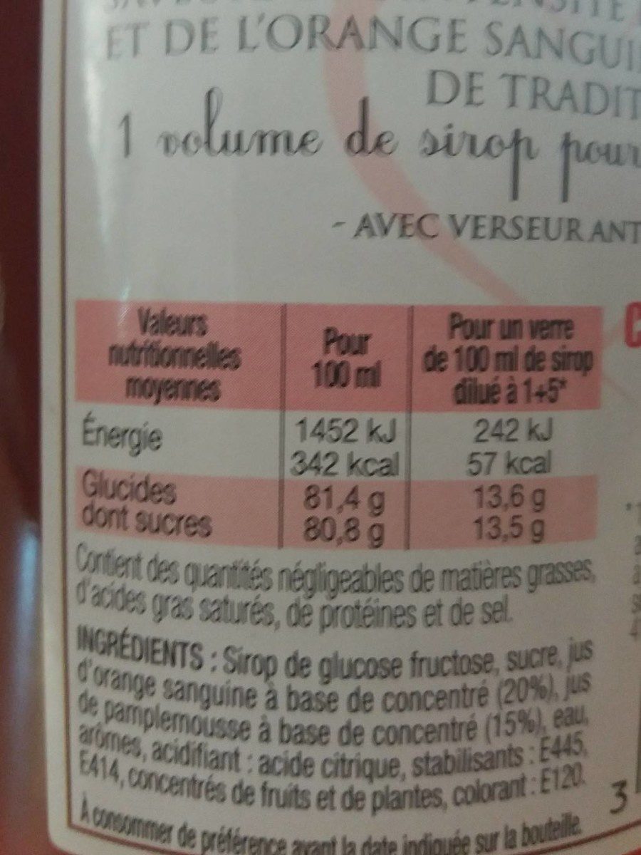 Sirop de pamplemousse orange sanguine - Nutrition facts - fr
