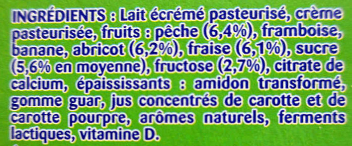 Gervais (Fraise, Framboise, Abricot, Pêche, Banane) - (2 % MG) 12 Pots - Ingrédients