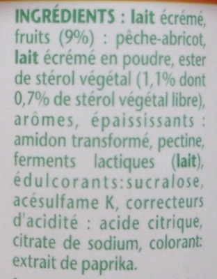 Danacol (0 % MG) Pêche Abricot - Ingrédients