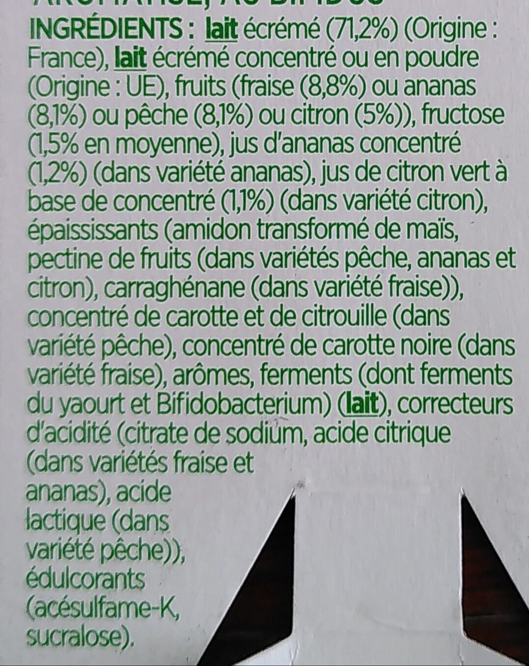 Activia bifidus fruits 0% panache 125 g x 12 - Ingrédients