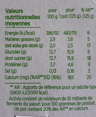 Activia saveur vanille - Voedingswaarden - fr