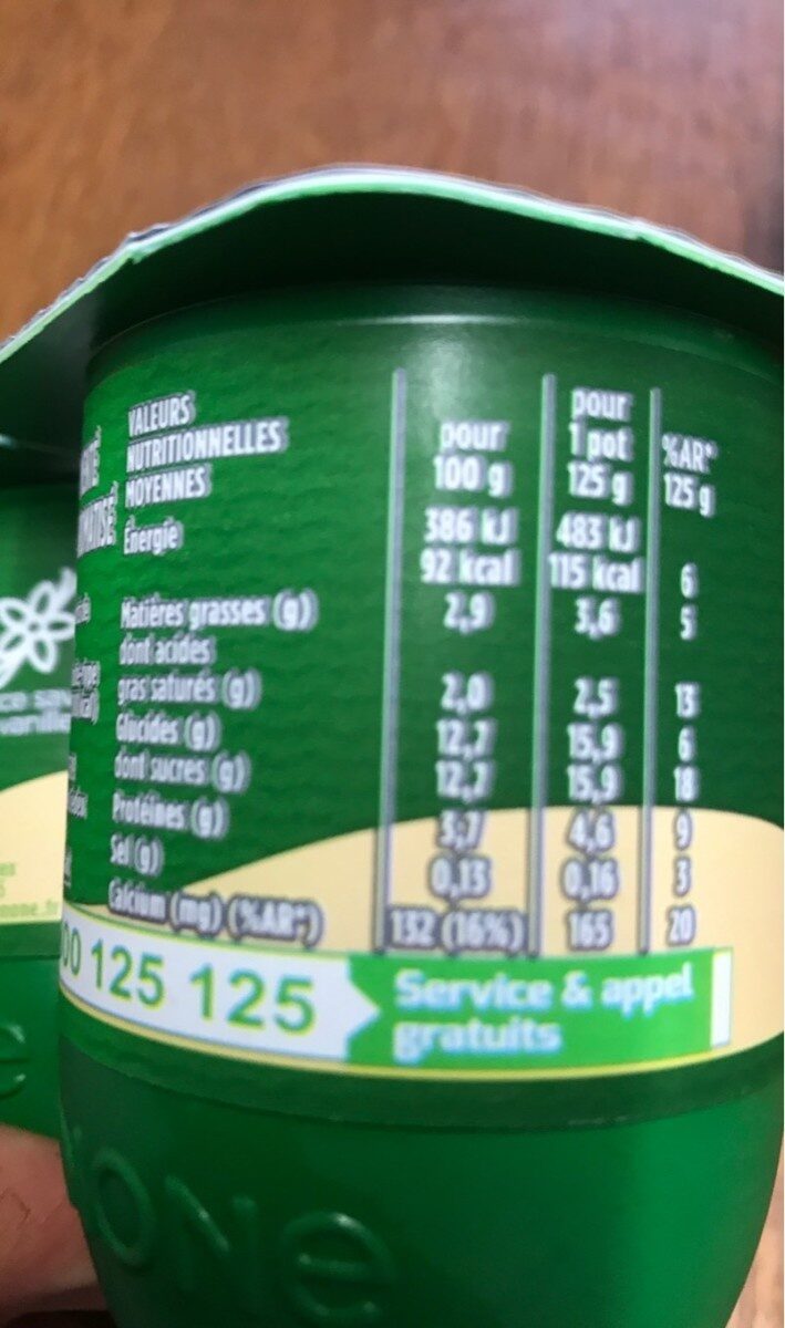 Activia bifidus saveur vanille sans arome artificiel 125 g x 4 - Nutrition facts