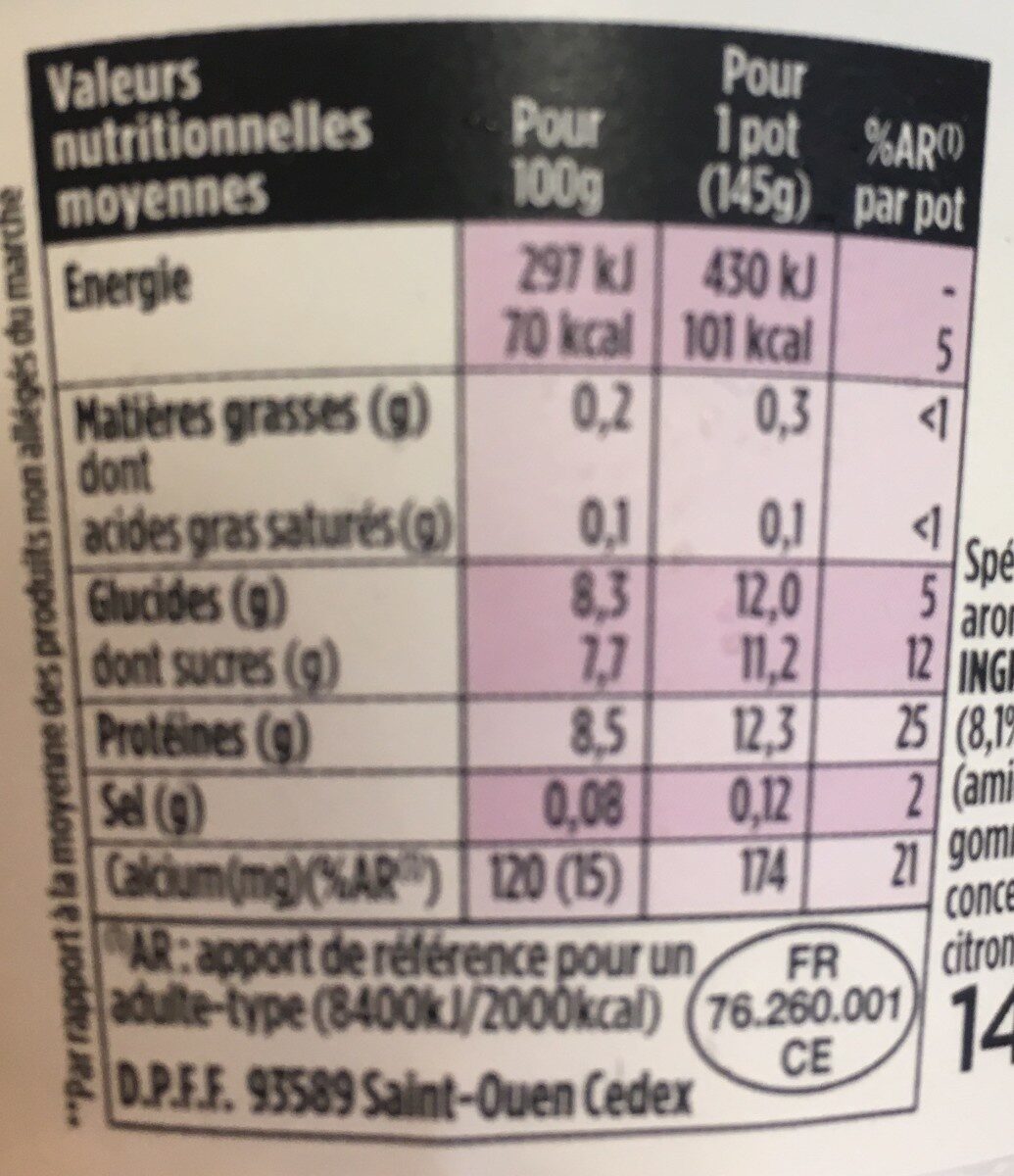 Light & free skyr sur lit myrtille cranberry 145 g x 1 - Tableau nutritionnel