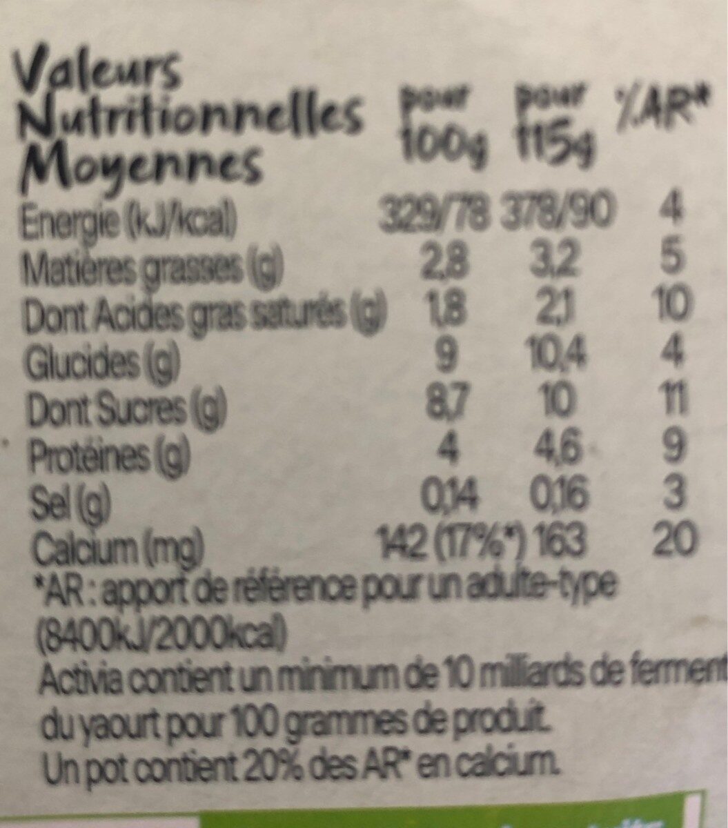 Activia sans sucre ajoute cerise datte jasmin 115 g x 4 - Nutrition facts - fr