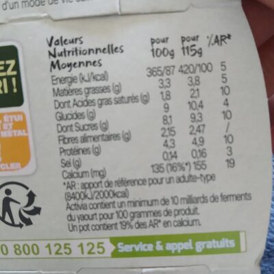 Activia sans sucre ajoute raisin cranberry chanvre 115 g x 4 - Nutrition facts - fr