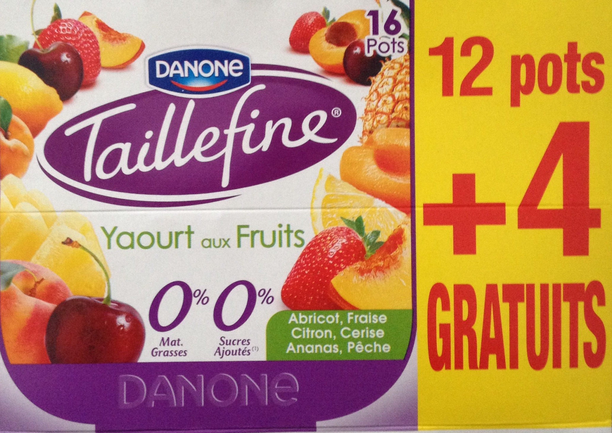 Taillefine, Yaourt au Fruits (0 % MG, 0 % Sucres Ajoutés) - (Abricot, Fraise, Citron, Cerise, Ananas, Pêche) 12 Pots   4 Gratuits - Produit