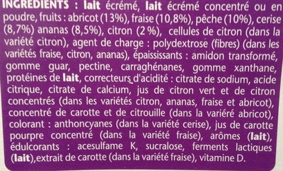 Taillefine, Yaourt au Fruits (0 % MG, 0 % Sucres Ajoutés) - (Abricot, Fraise, Citron, Cerise, Ananas, Pêche) 12 Pots   4 Gratuits - Ingrédients