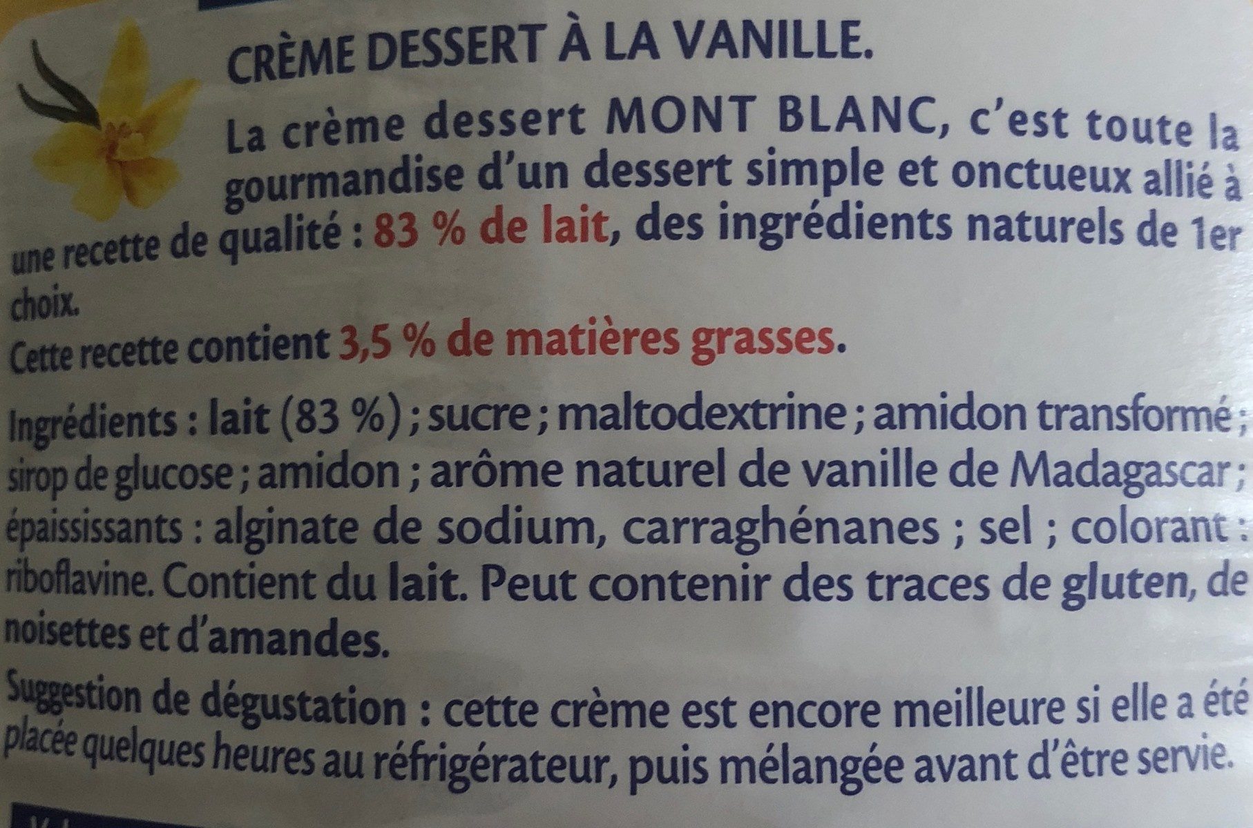 MONT BLANC Crème dessert Boîte Saveur Vanille 4,3kg - المكونات - fr