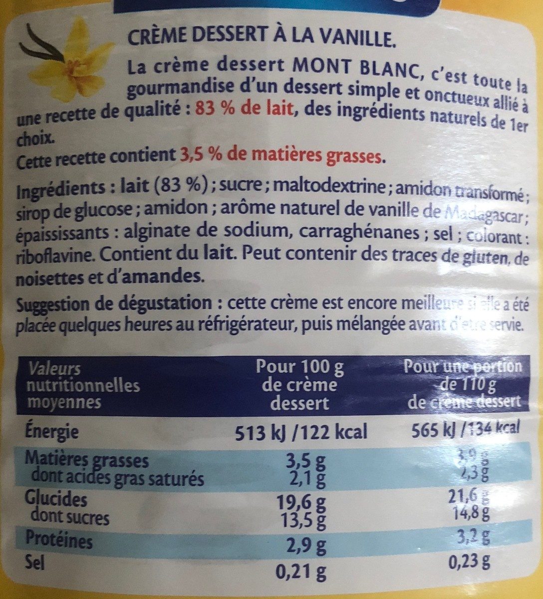 MONT BLANC Crème dessert Boîte Saveur Vanille 4,3kg - حقائق غذائية - fr