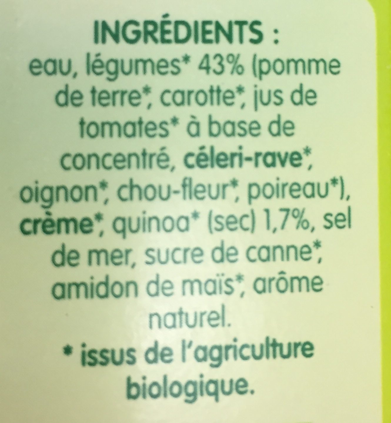 Velouté légumes & quinoa bio - Ingredientes - fr