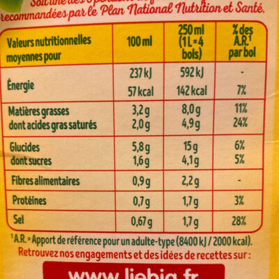 velouté de 10 légumes et crème fraîche - Nutrition facts - fr