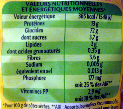 Pâtes alimentaires Macaroni au blé dur qualité supérieure - Tableau nutritionnel