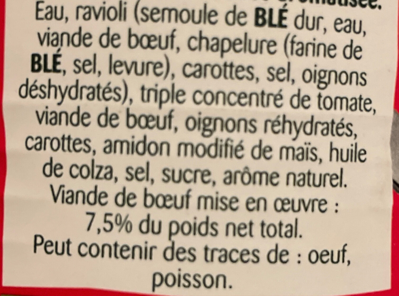 Le Ravioli, Pur Bœuf - Ingredienti - fr