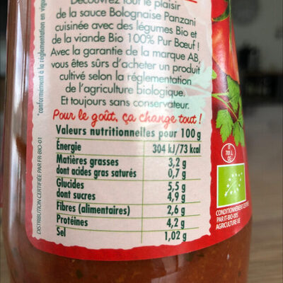 Panzani - spf - sauce bolognaise bio 390g - Información nutricional - fr