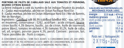 Cabillaud tomates & poivrons beurre citron basilic - Nutrition facts - fr