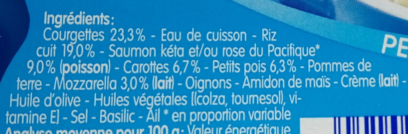 Blédichef Risotto aux Courgettes, Saumon du Pacifique et Mozzarella - المكونات - fr