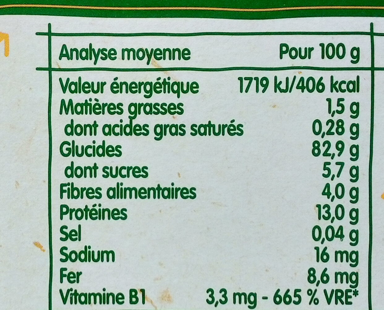 Blédine - saveur vanille gourmande - Tableau nutritionnel
