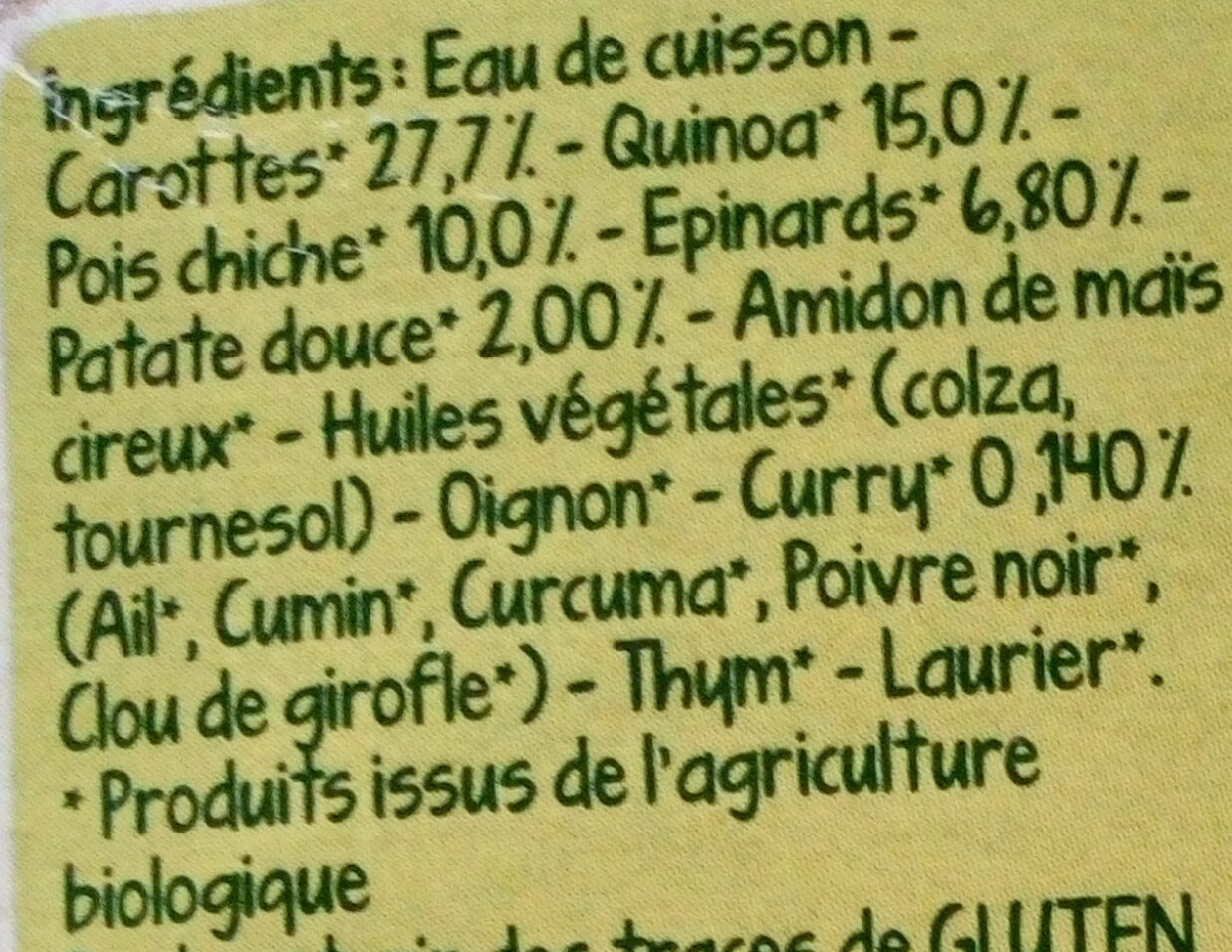 Mes légumineuses - Carottes, Pois chiches, Epinards et Quinoa au curry - Ingrédients