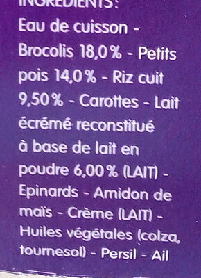 Blédîner - Brocolis Petit Pois Riz Touche de Lait - Ingredients - fr
