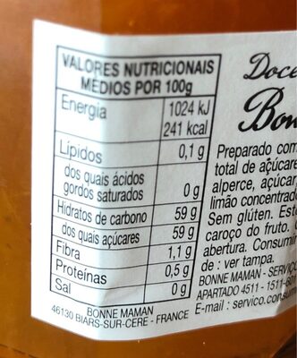 Confiture Abricot - Nutrition facts - pt