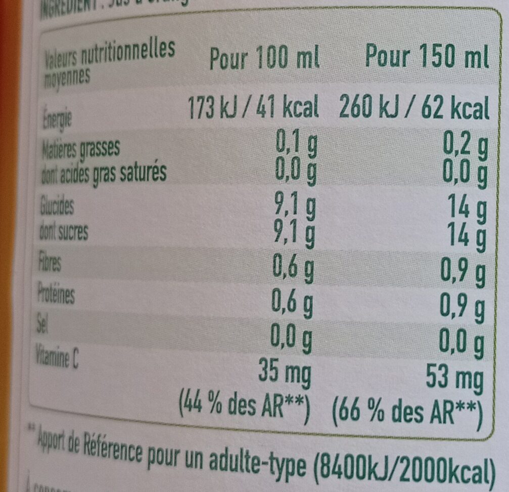100% Pur jus oranges pressées - Tableau nutritionnel