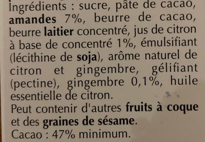Excellence - Chocolat noir citron gingembre - المكونات - fr